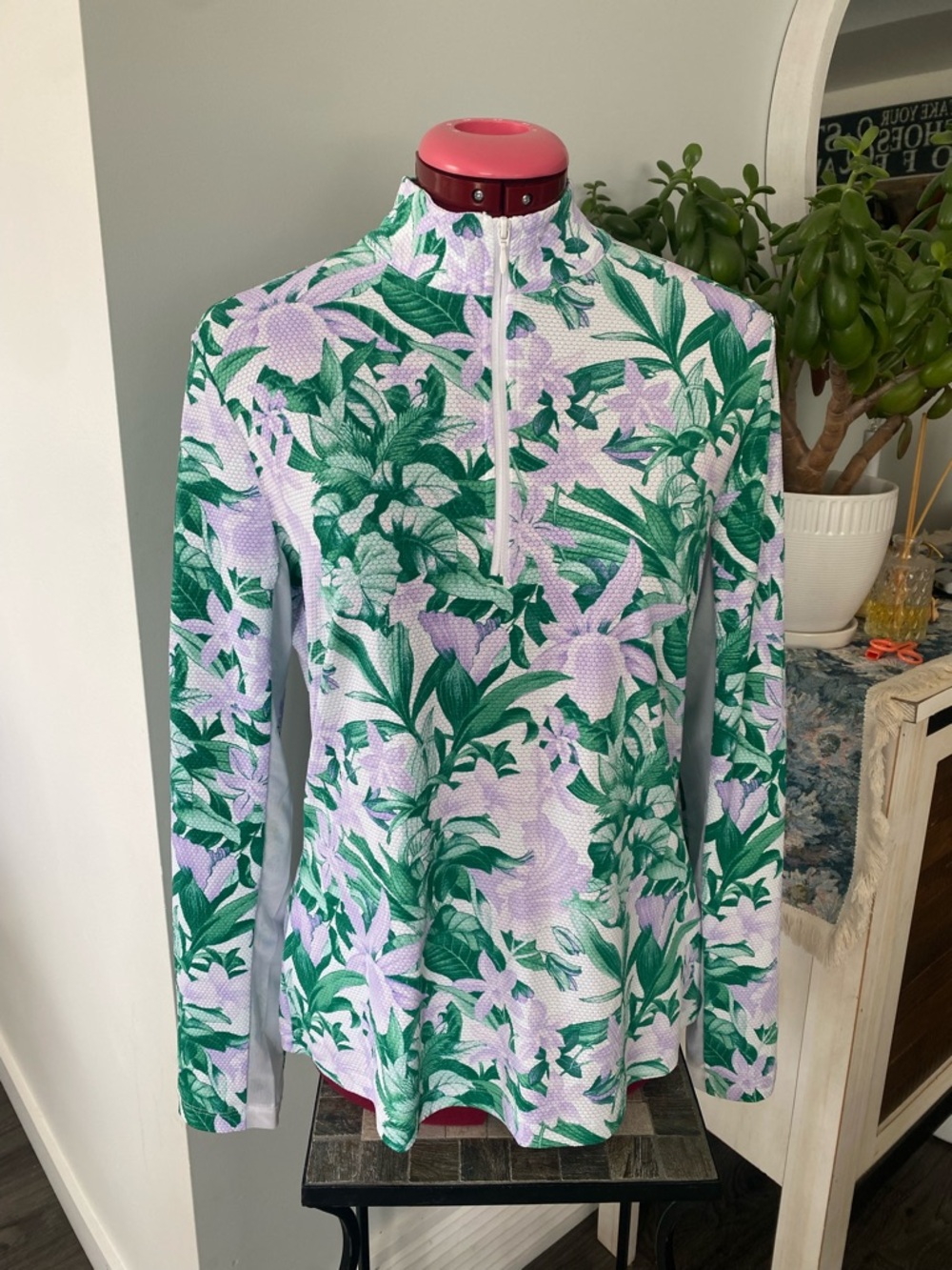 Tommy Bahama Green & Lavender Floral Active Top / Swim Cover / Rash Guard